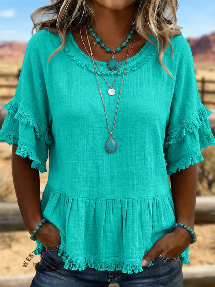 Vintage ArtPatchwork Hollow Design Cotton And Linen Shirt