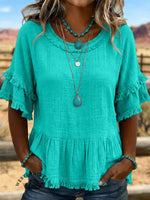 Vintage ArtPatchwork Hollow Design Cotton And Linen Shirt