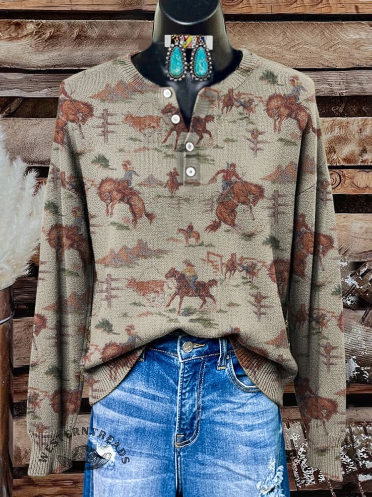 Vintage Western Art Print Buttoned Cardigan Sweater