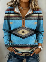 Women's Blue Aztec Print Casual Color-blocked Casual Half-zip Cotton Sweatshirt