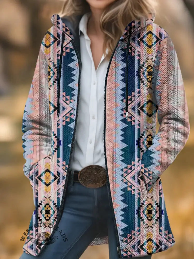Aztec Print Unisex Plush Thick Long-Sleeved Cardigan Coat