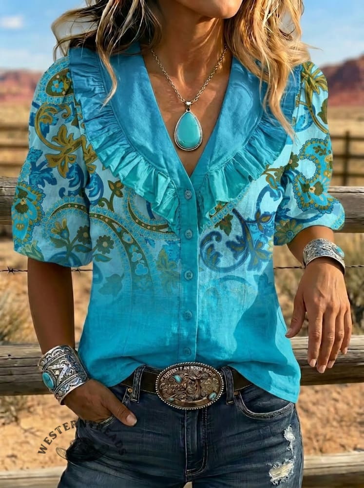 Women's Retro Art Puff Sleeve Casual Shirt