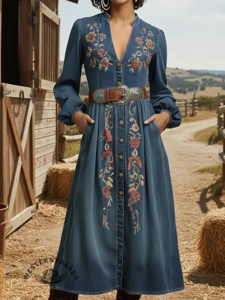 Women's Western-style Floral Print Denim Cotton Dress