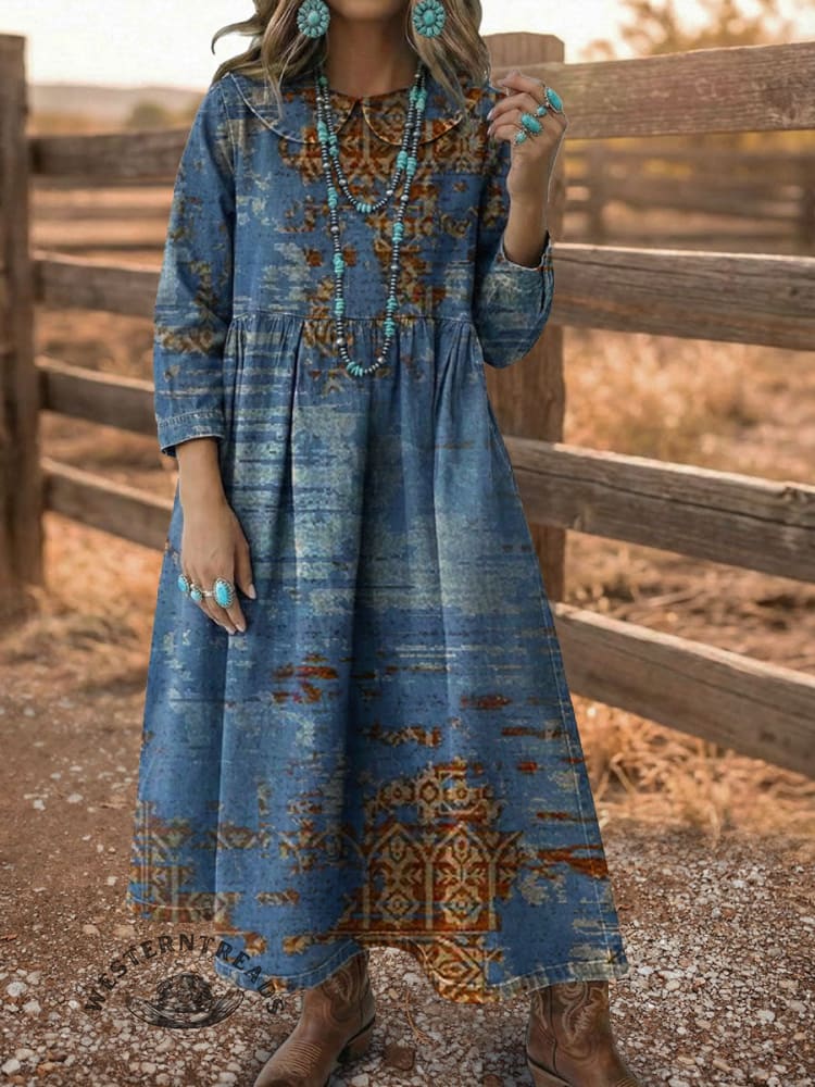 Vintage Elegant Denim Aztec Art Dress