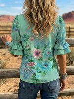 Women's Retro Floral Art Puff Sleeve Casual Shirt