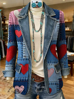 Heart Denim Patchwork Pattern Print Patchwork Denim Sweater Cardigan Coat