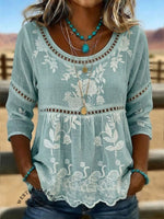 Vintage Art Hollowed Out Lace Patchwork Cotton And Linen Shirt