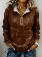 Retro Horse Print Casual Half-zip Cotton Sweatshirt