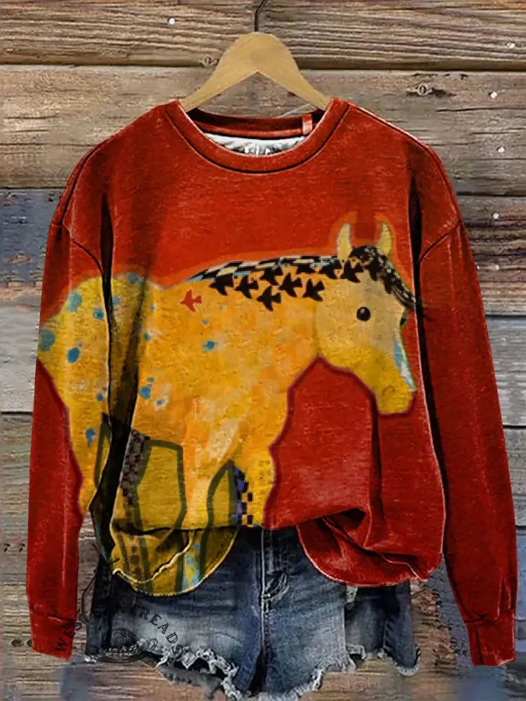 Retro Horse Art Casual Cotton Sweatshirt