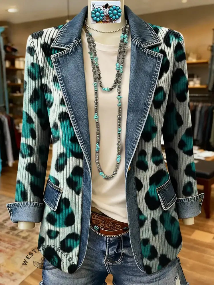 Leopard Art Print Patchwork Denim Sweater Cardigan Coat