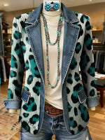 Leopard Art Print Patchwork Denim Sweater Cardigan Coat