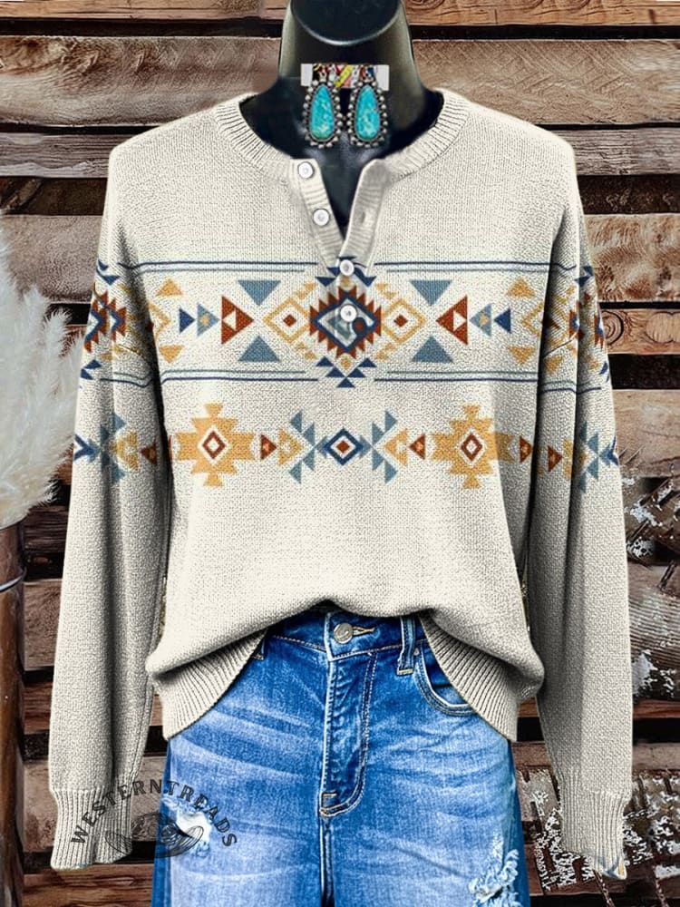 Aztec Art Print Buttoned Cardigan Sweater