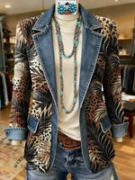 Leopard Art Print Patchwork Denim Sweater Cardigan Coat