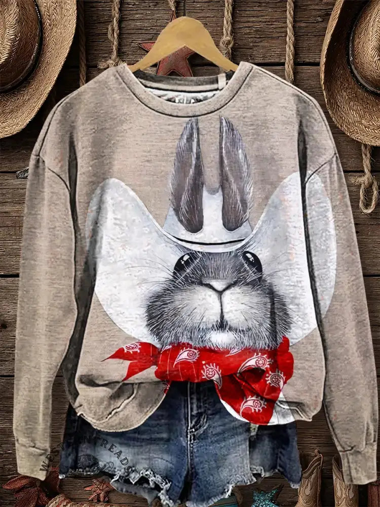 Retro Western Bunny Casual Cotton Sweatshirt