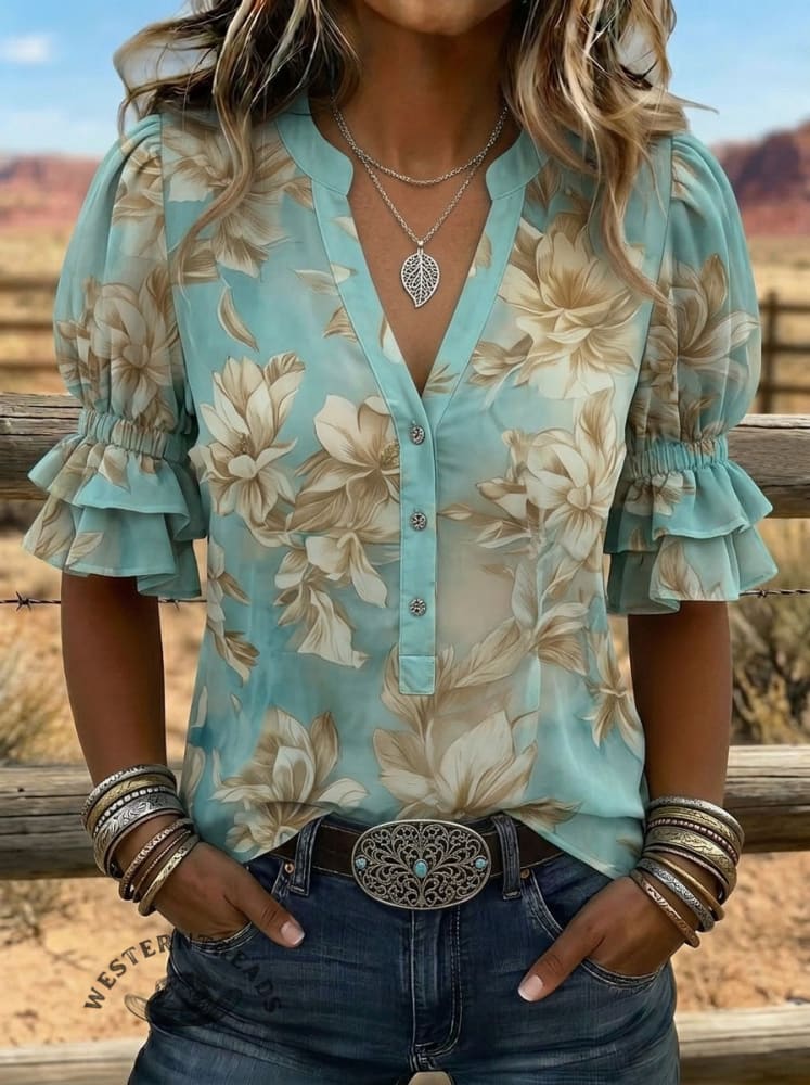 Vintage Floral Art Print V-neck Puff Sleeve Ruffle Shirt