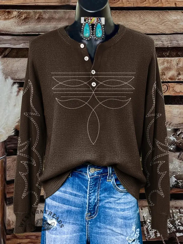 Cowboy Boot Stitching Print Buttoned Cardigan Sweater