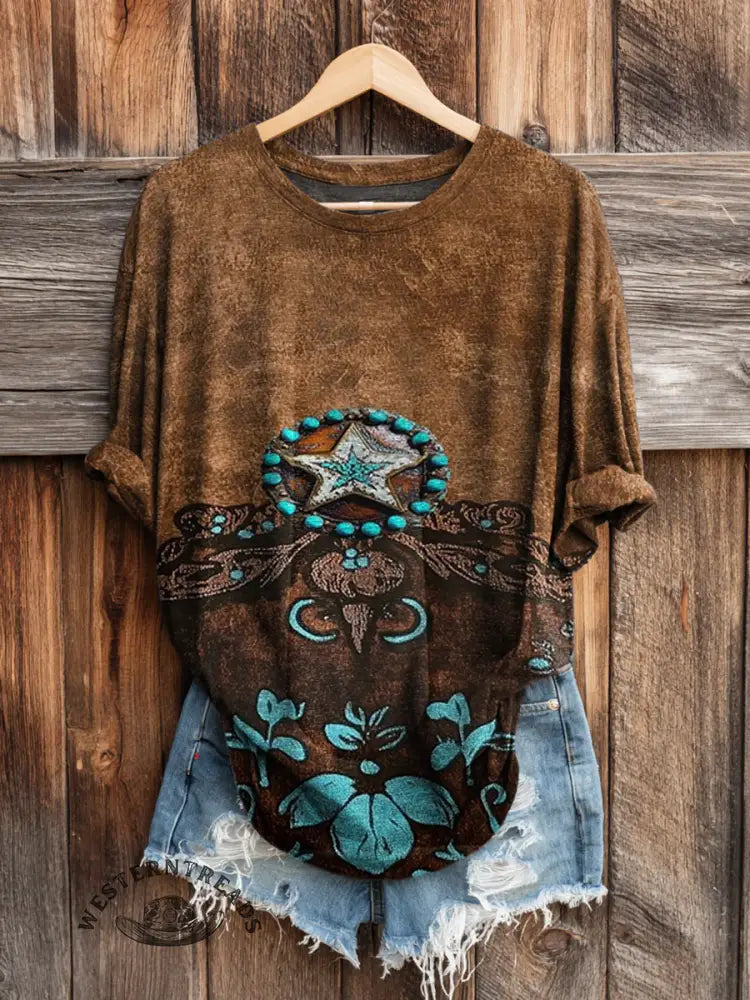 Vintage Ethnic Art Print Long-sleeved Round Neck Top