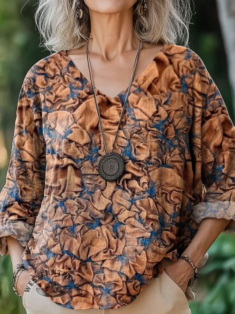 Women's Vintage Art Print V-Neck Shirt