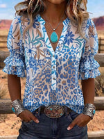 Vintage Art Print Comfortable Summer Fabrics Puff Sleeve Casual Shirt