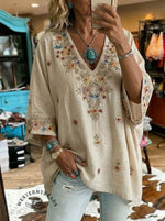 Vintage Bohemian Floral Print Casual V-neck Denim Loose Shirt