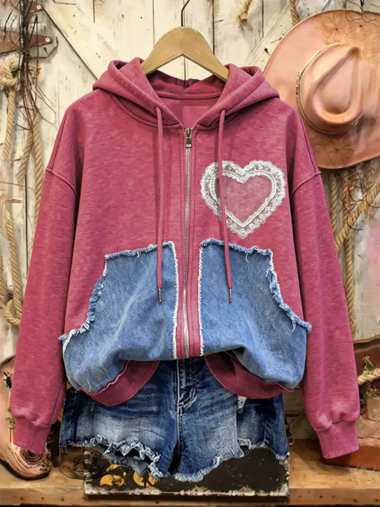 Heart Print Casual Cotton Patchwork Hooded Zip-up Sweatshirt