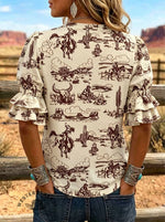 Women's Classic West Print Puff Sleeve Casual Shirt