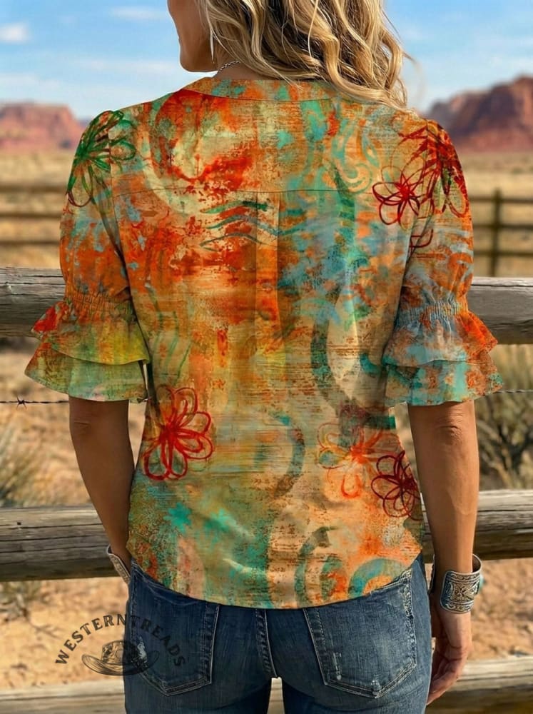 Women's Retro Floral Art Puff Sleeve Casual Shirt