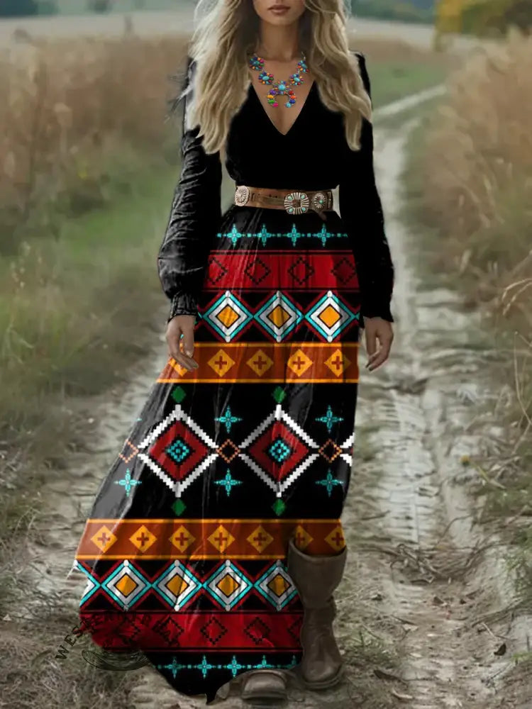 Women's Vintage Art Print Pocket Cotton Dress