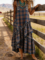 Vintage Plaid Print Sleeveless Multi-layered Ruffled Strap Dress
