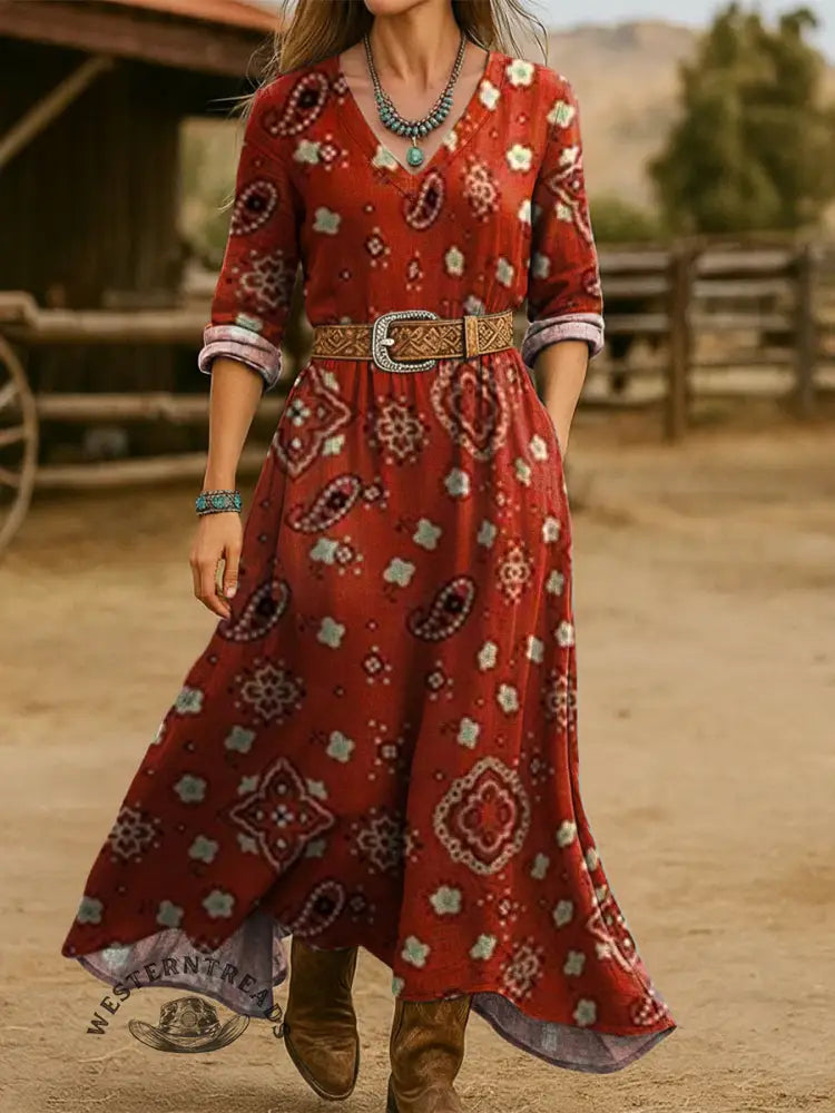 Women's Vintage Flowers Print Cotton Pocket Dress