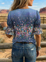 Women's Retro Floral Art Puff Sleeve Casual Shirt