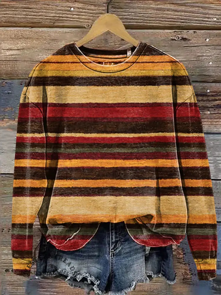 Retro Color Stripes Art Print Casual Cotton Sweatshirt