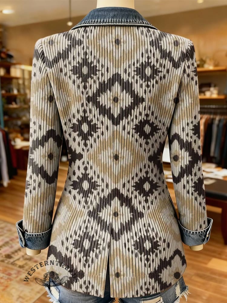 Aztec Print Patchwork Denim Sweater