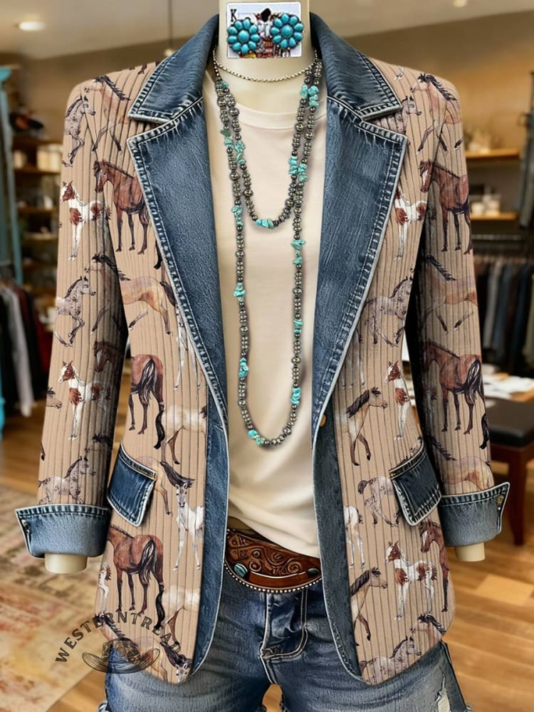 Horse Art Print Patchwork Denim Sweater