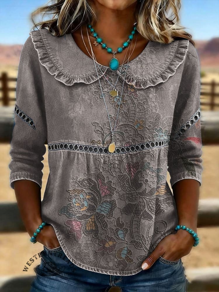 Women's Vintage Print Casual 3/4 Sleeves Hollow Denim Shirt
