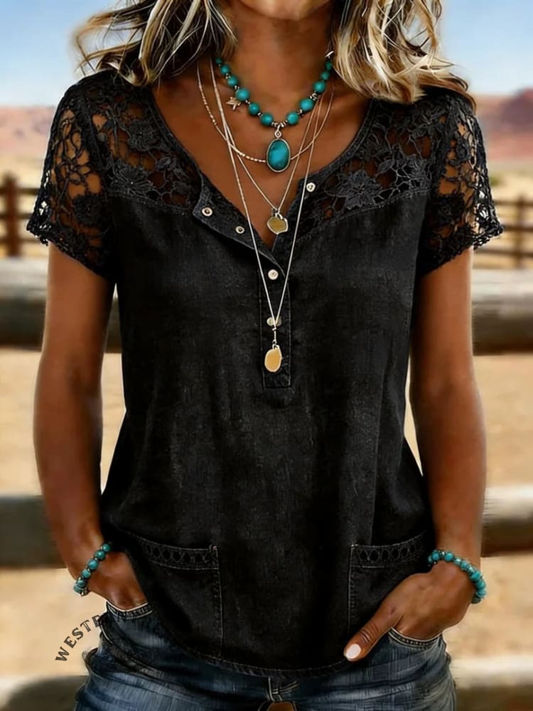 Women's Vintage Print Casual Hollow-Out Denim Shirt