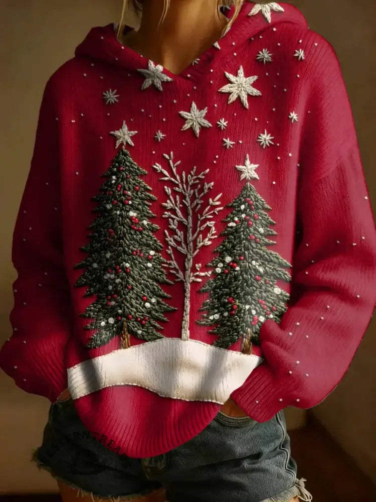 Vintage Christmas Print Casual Knitted Hoodie Sweater