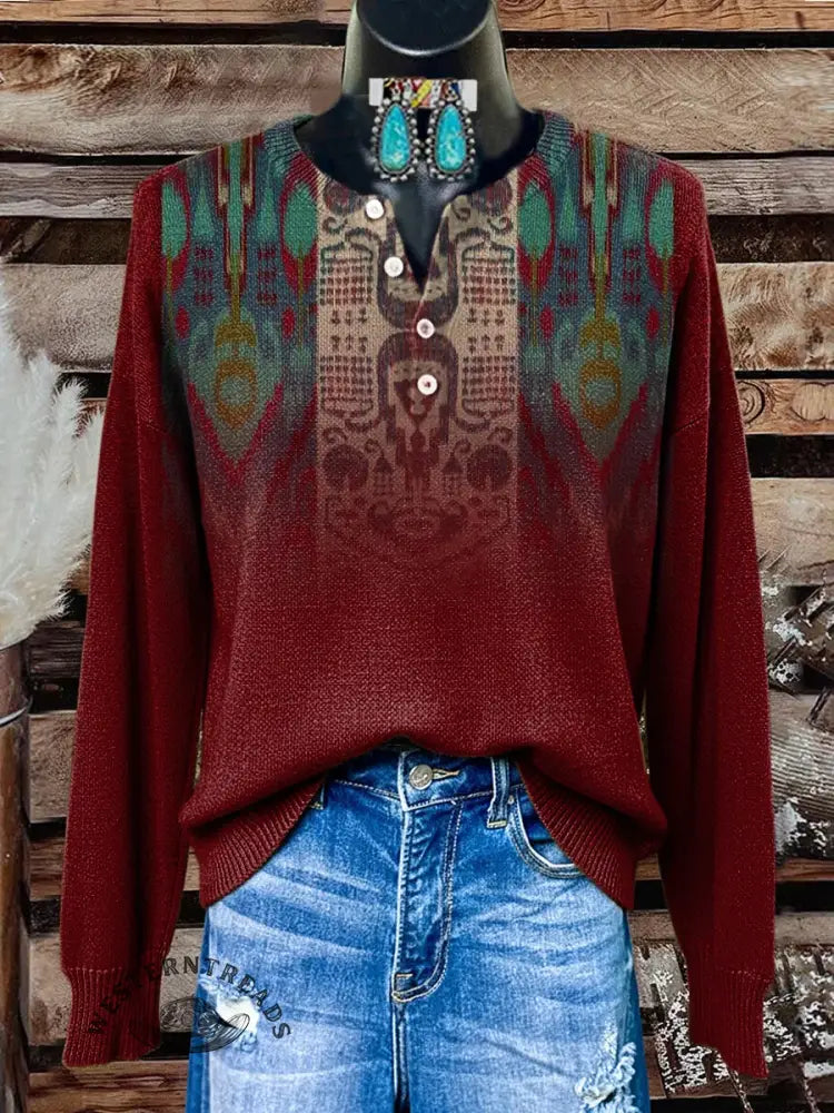 Retro Art Texture Print Buttoned Cardigan Sweater