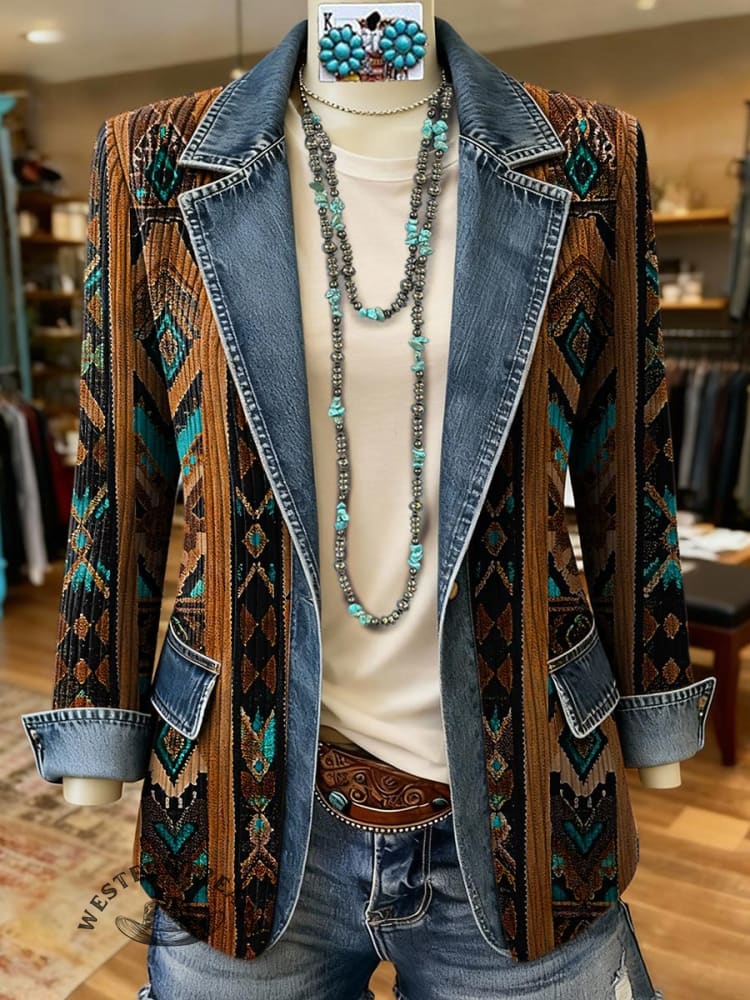 Retro Aztec Print Patchwork Denim Sweater Cardigan Coat