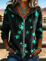 Star Art Print Casual Long Sleeve Denim Zipper Hoodie Coat