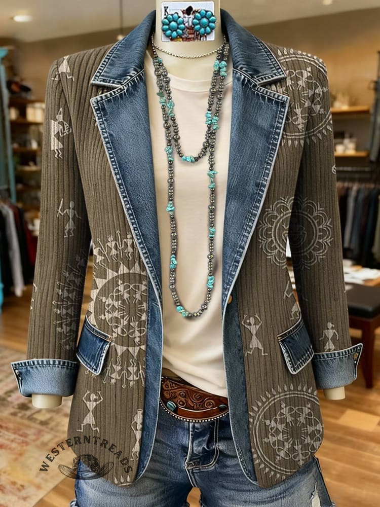 Aztec Print Patchwork Denim Sweater