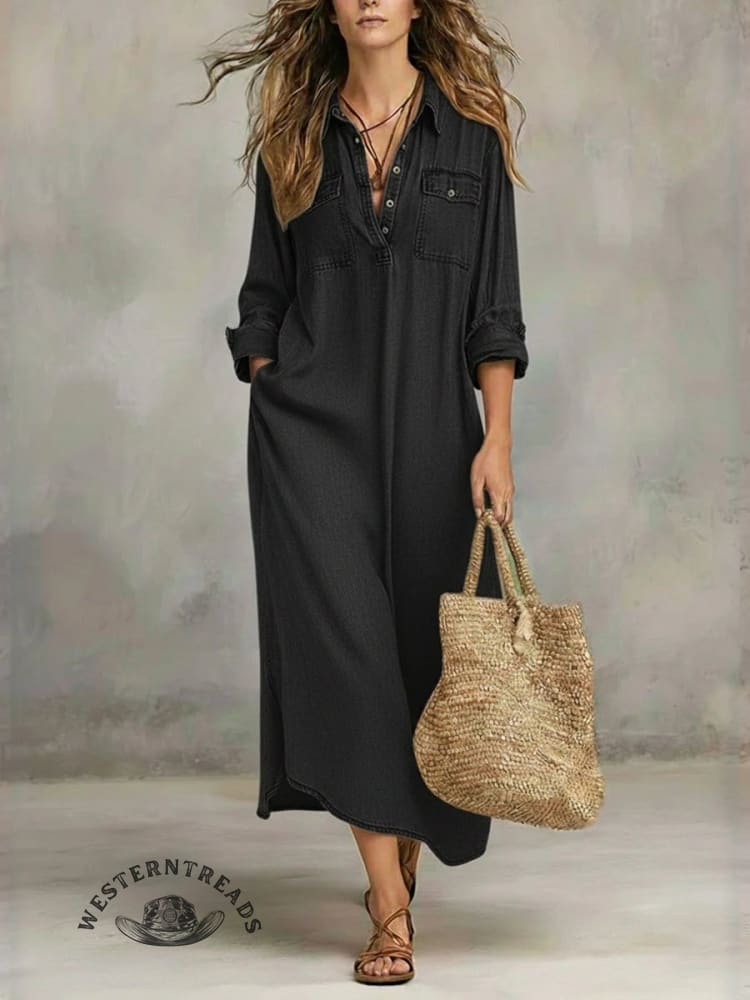 Wash Denim 100% Cotton Oversized Shirt Maxi Dress