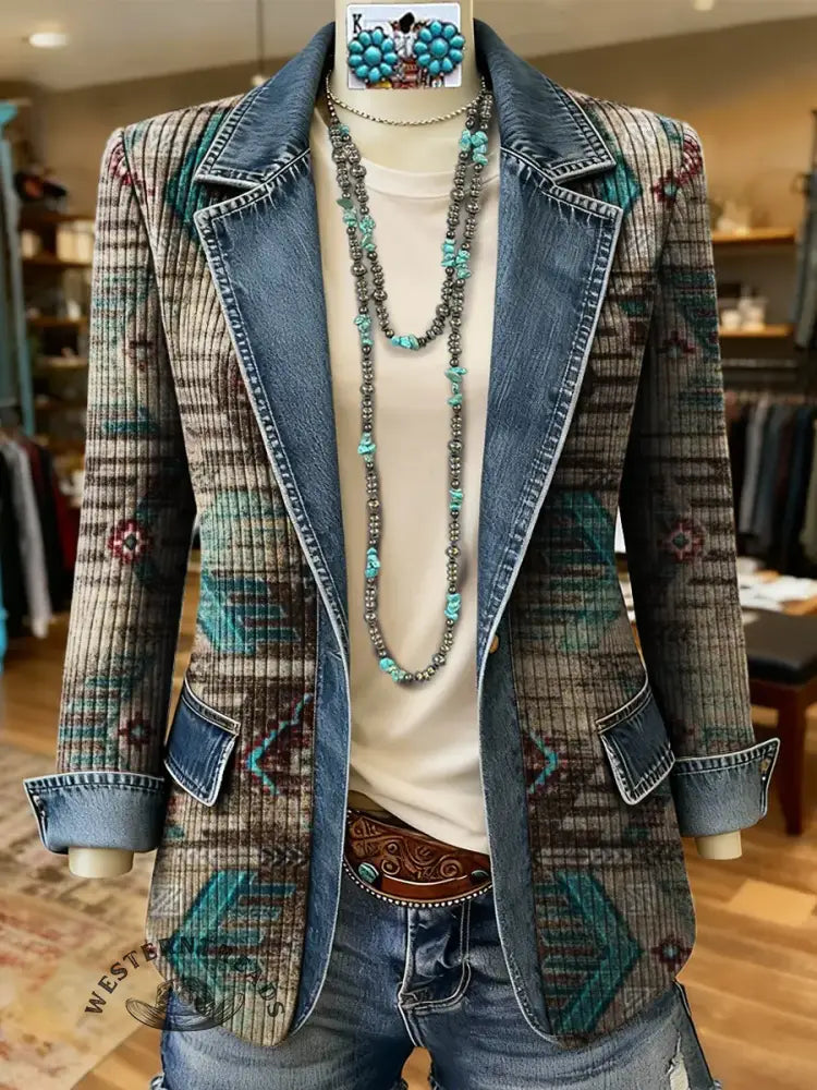 Aztec Art Print Patchwork Denim Sweater Cardigan Coat