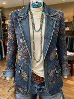 Retro Boho Flower Art Print Patchwork Denim Sweater Cardigan Coat