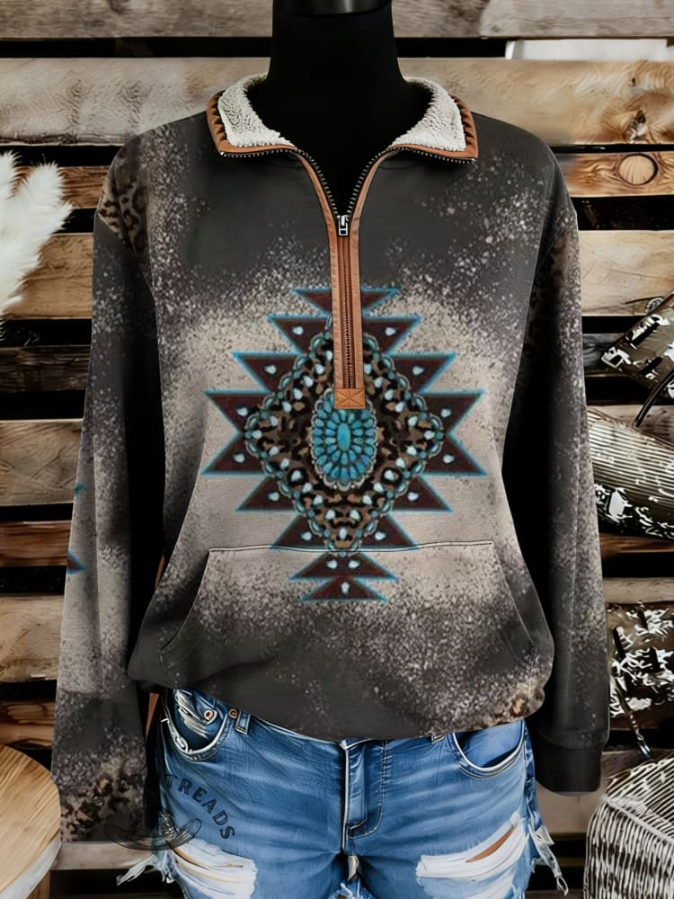 Retro Aztec Print Casual Half-zip Cotton Sweatshirt