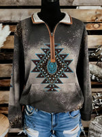 Retro Aztec Print Casual Half-zip Cotton Sweatshirt