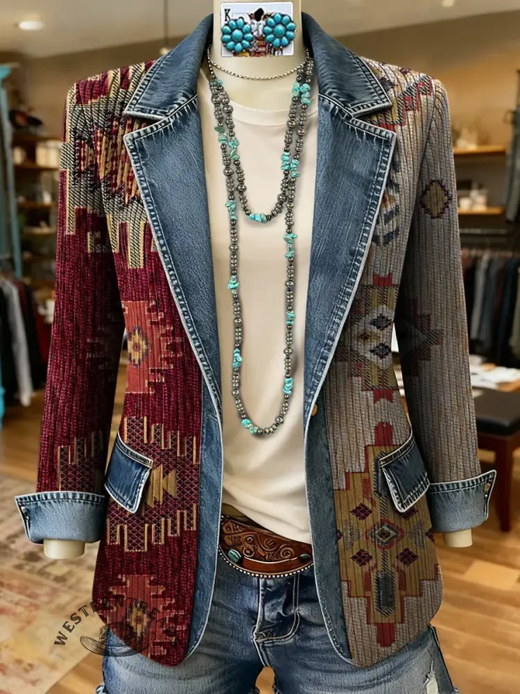 Retro Aztec Patchwork Art Print Patchwork Denim Sweater Cardigan Coat