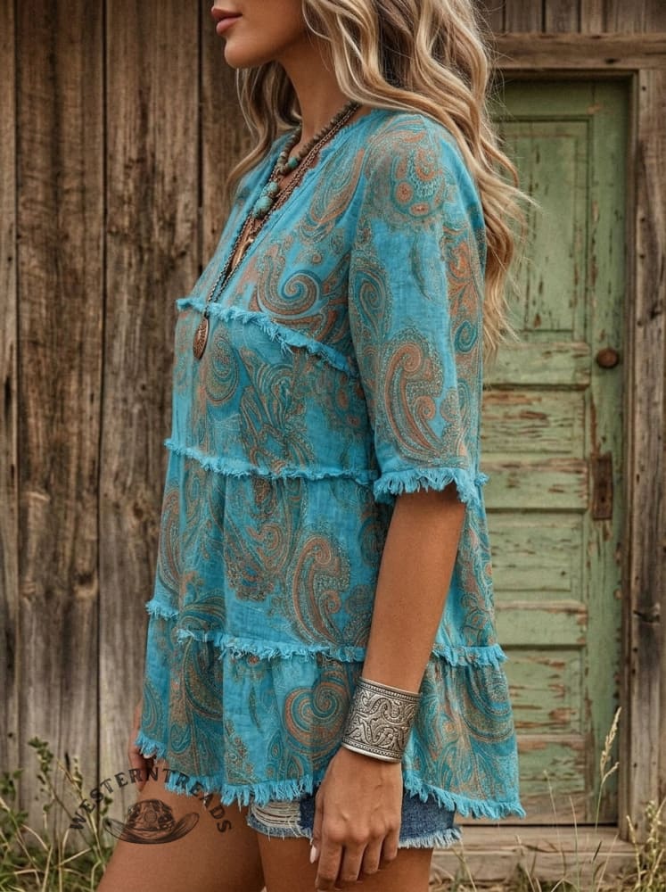 Vintage Paisley Print Patchwork Cotton Linen Shirt