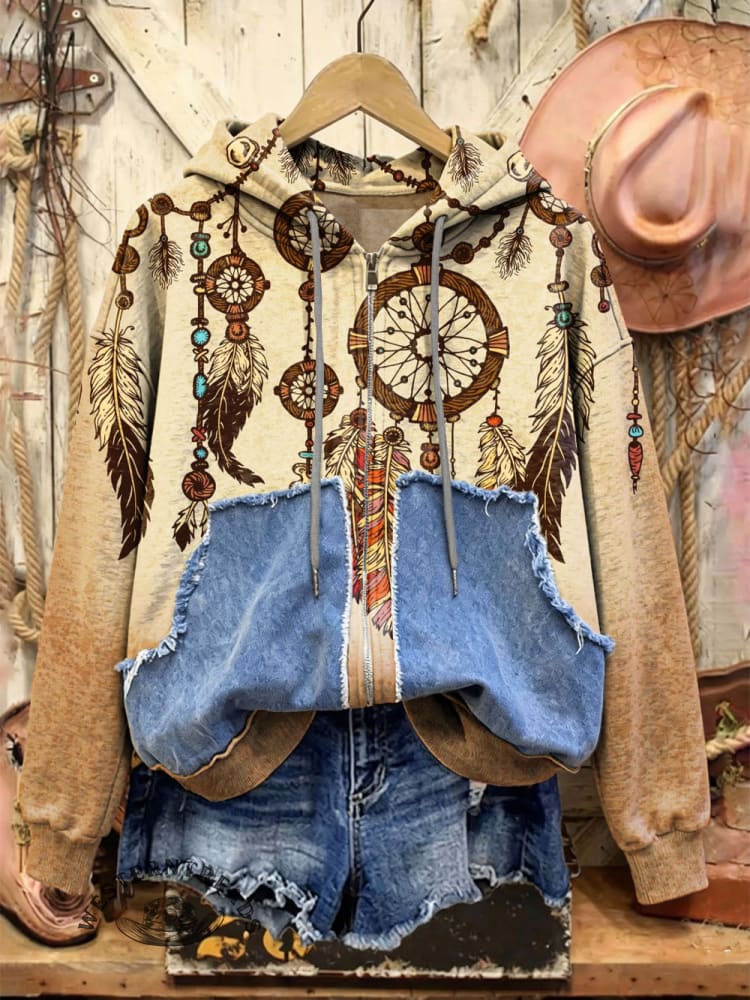 Retro Print Casual Cotton Patchwork Hooded Zip-up Sweatshirt