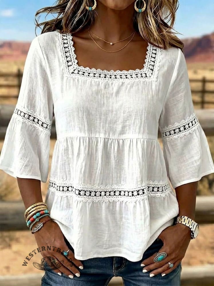 Women's Hollow Spliced Casual 3/4 Sleeve Shirt
